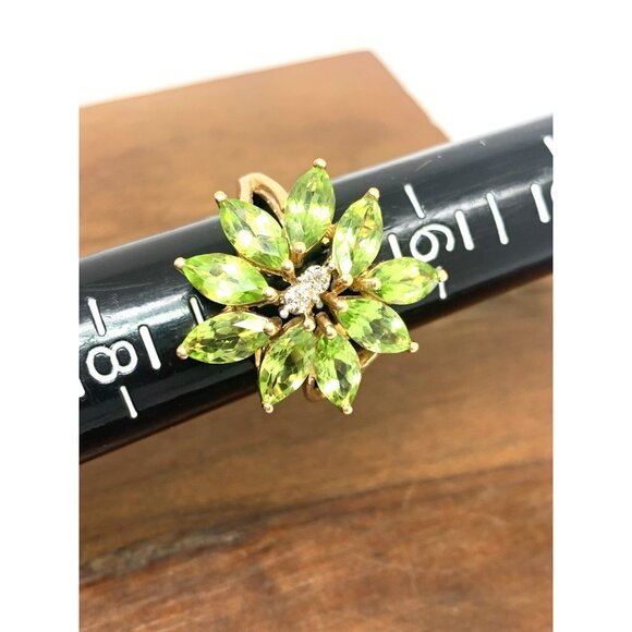 Green Gemstone Diamond Floral Cocktail Ring 14k Yellow Gold Womens Estate Size 7 - Picture 9 of 15